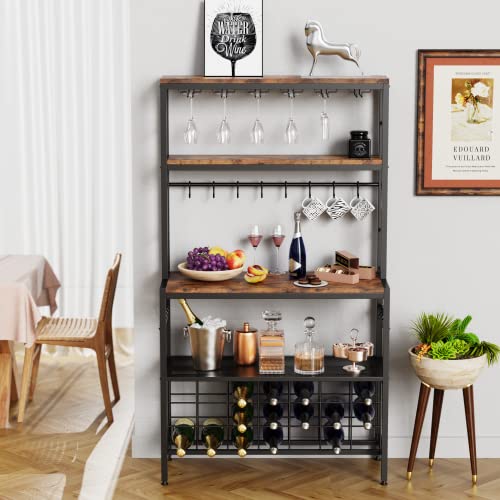Monesti Wine Rack Freestanding, Industrial Wine Bar Rack, Floor Liquor Wine Cabinet Storage With 16 Hooks(Rustic Brown). #TOP3