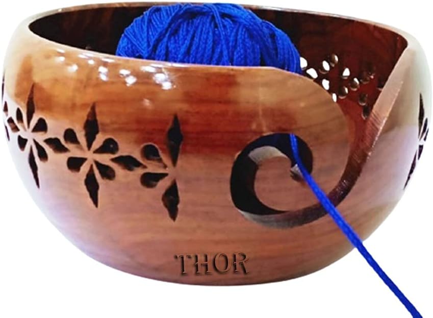 Handmade Brown Wooden Yarn Bowl Knitting Crochet Organizer Storage Holder Rustic Vintage Home Decor Gifts
