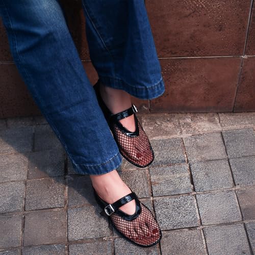 MUCCCUTE Mesh Ballet Flats for Women Mary Jane Flats Ballerina Round Toe Buckle Strap Fishnet Patent Leather Trimmed Comfy Shoes2