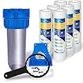 10 Inches Transparent Standard Whole House Water Filter System Presser Relief Valve, 3/4” Inlet/Outlet Brass Port & 6 Polypropylene Sediment Filter Cartridges 1 Micron 4 Layers of Filtration 10"x 2.5"