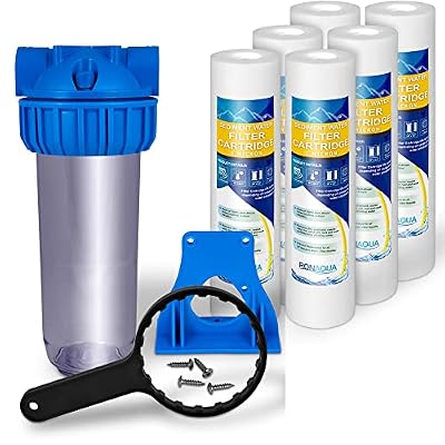 10 Inches Transparent Standard Whole House Water Filter System Presser Relief Valve, 3/4” Inlet/Outlet Brass Port & 6 Polypropylene Sediment Filter Cartridges 1 Micron 4 Layers of Filtration 10"x 2.5"