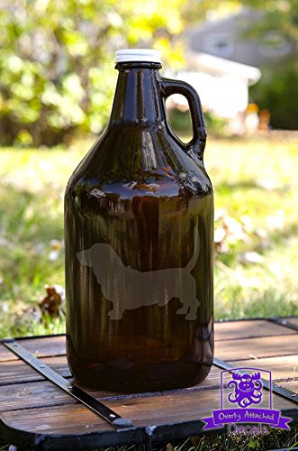 Basset Hound Dog Etched Amber Glass 64 Ounce Beer Growler Glassware Gift
