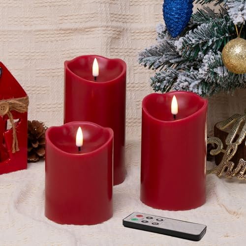 Eywamage Dark Red Christmas Flameless Pillar Candles with Remote Set of 3