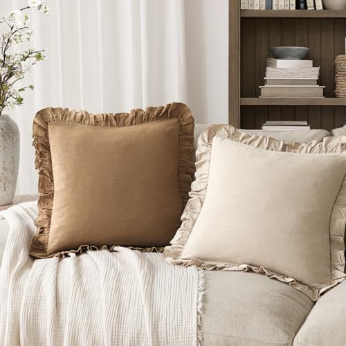 Image of Foindtower Set of 2 Decorative Soild Fringe Ruffle Throw Pillow Covers Soft Boho Farmhouse Cushion Cover Cozy Accent Retro Pillowcase for Couch Sofa Bed Living Room Home Decor,20x20 Inch,Orange Brown