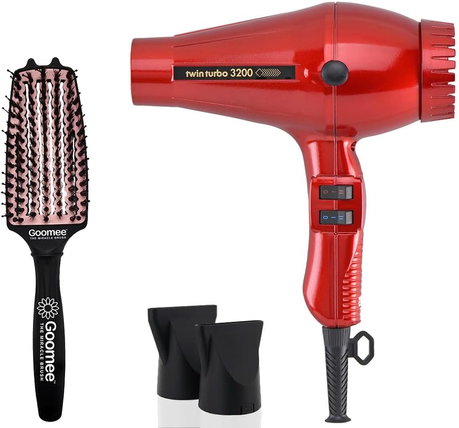 Turbo Power Twin Turbo 3200 Red Hair Dryer and Miracle Medium Detangling Brush Blush Pink