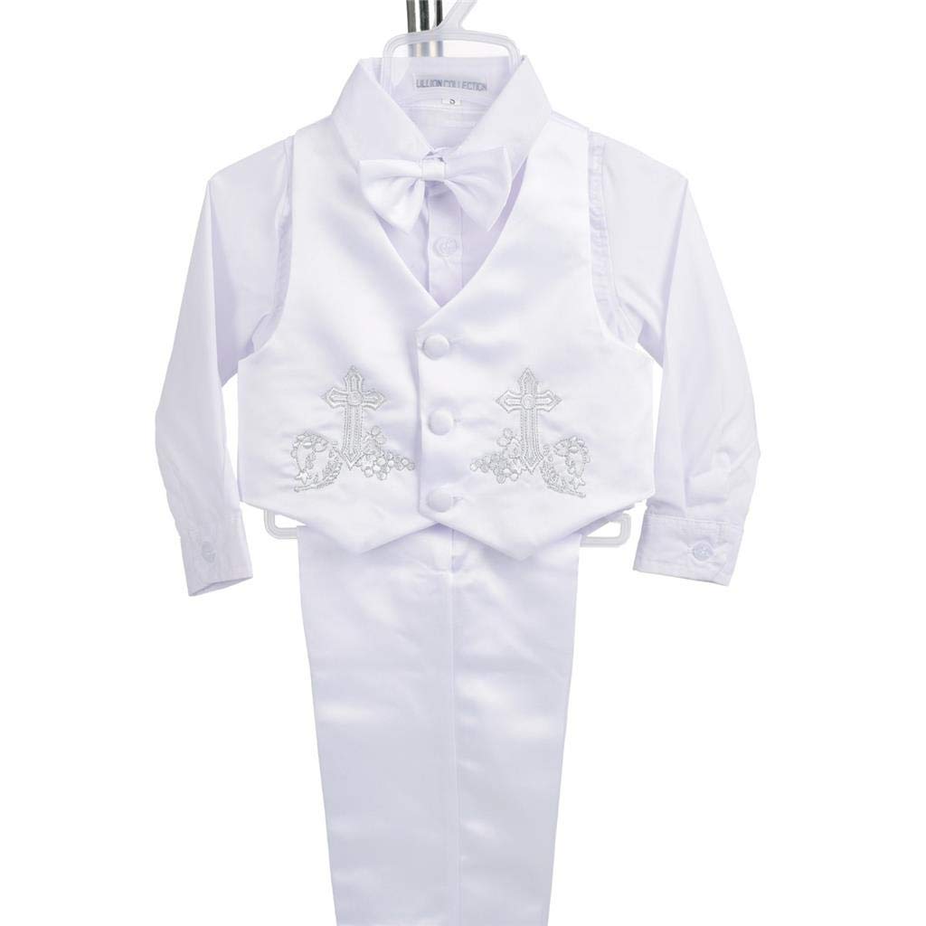 Lito Angels Taufkleidung Taufanzug für Baby Jungen, 5 Teiliges Satin Taufe Weiss Anzug Set mit Taufhaube Hut, Langarm
