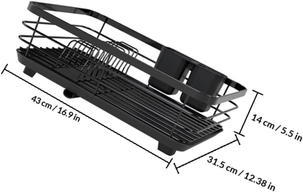 FUOYLOO Metal Dish Rack with Drainage Spout, Single-Layer Kitchen Bowl and Plate Organizer, Black Iron Drying Rack for Countertop Dish Storage