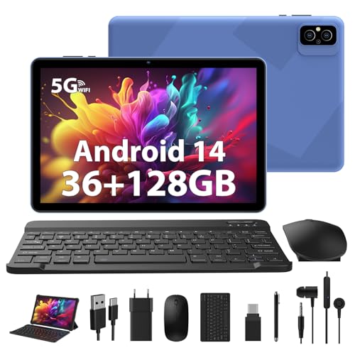 WOREGOO Tablet de 10 Pulgadas, Android 14 Tablet táctil 36G RAM + 128G ROM, 5G WiFi, Octa-Core 2.0 GHz, 8000mAh, 1280 * 800 HD, Cámara 5MP+8MP con Teclado/Ratón/Funda -Azul