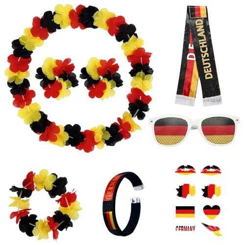 SGZIOO 7-Teilig Deutschland Fanartikel, Fanpaket EM Fußball, EM Deko Deutschland, Fanartikel Deutschland Set mit Fanschal, Blumenkette, Brille, Armreif