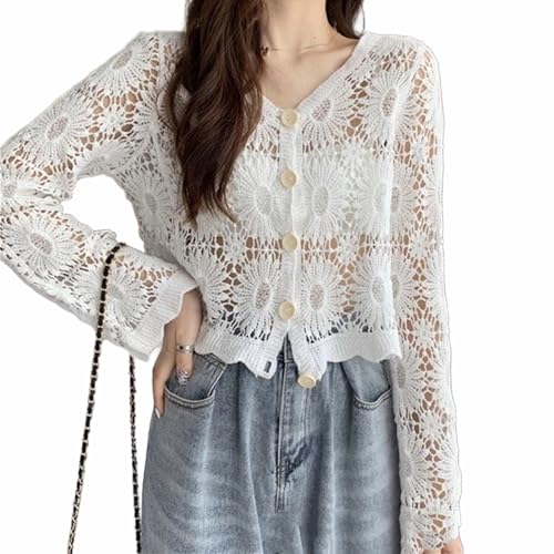 Cutout Embroidered V-Neck Button Long Sleeve Top, Besidewith Hollow Half Sleeve Cardigan, Besidewith Top