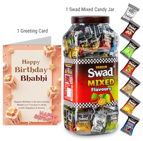 Image of Swad Happy Birthday Bhabhi Gift with Card (Swad Mixed Flavours Candy 200 Jar & 1 Greeting card) 2 units