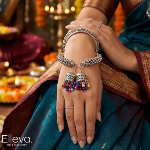 Image of Traditional Bangles set for Women | Oxidised Jewellery Bracelet for Girls Stylish | Latkan Chain Peacock Bangle Bracelet Adjustable for Navratri Festive Jewelry set of 1 (Pack of 1)
