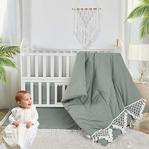 Image of Brandream Baby Girl Boy Nursery 3 Pieces Crib Bedding Set 100% Cotton Gender Neutral Boho Bohemian Solid Sage Green Farmhouse Chic Unisex Minimalist Tassel Fringe Macrame Cozy Bedding