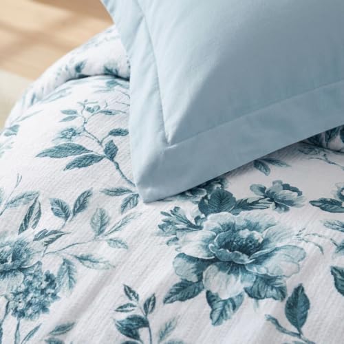 Image of Martha Stewart - King Comforter Set, Textured Cotton Jacquard with Refined Softness & Medium Weight Feel, 3 Piece Bed Set with Matching Pillowcases (Vivian Floral Blue)