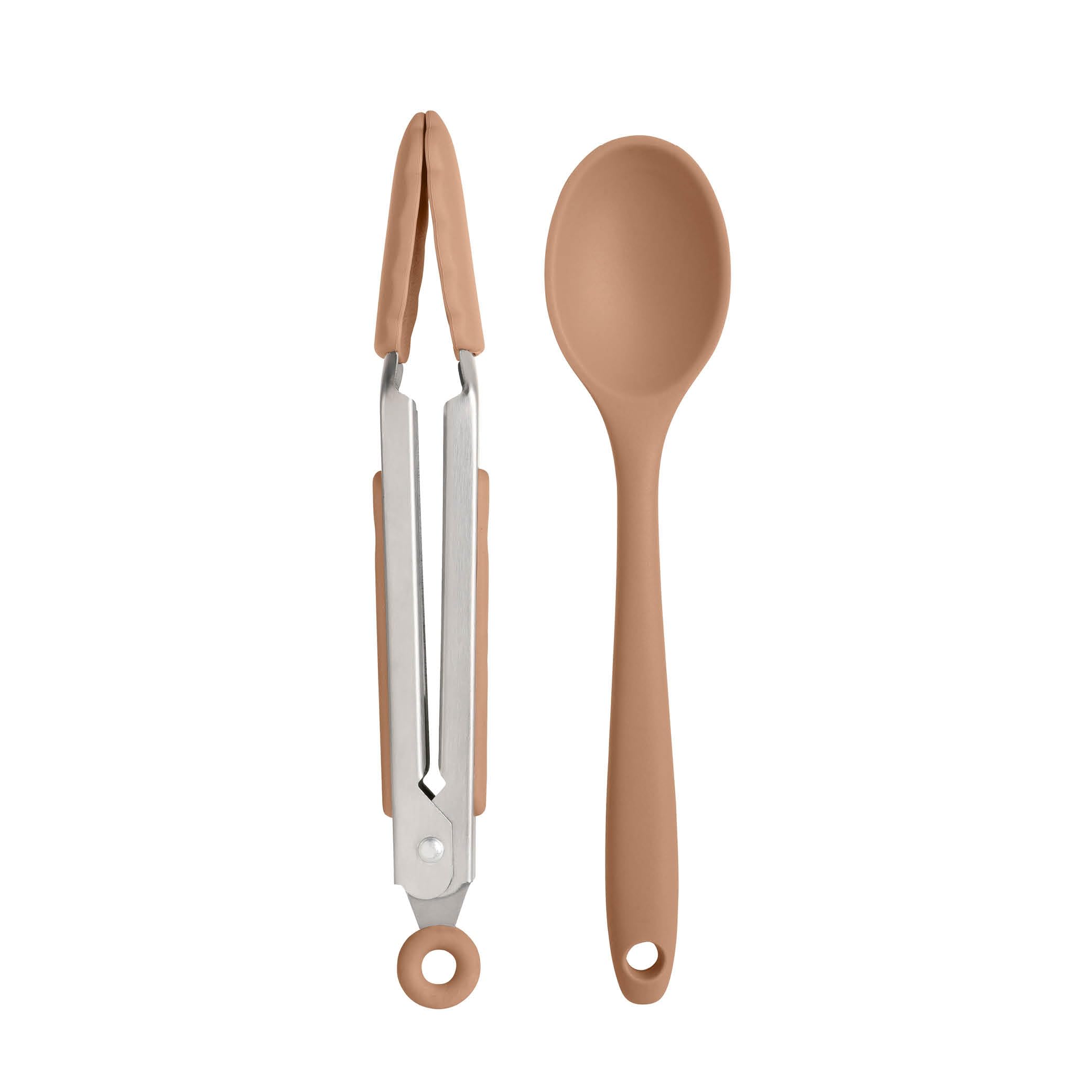 Wiltshire Silicone Mini Kitchen Tongs & Serving Spoon, Set of 2, Cooking Spoon & Serving Tongs, Salad BBQ Tongs Stainless Steel, Heat-Resistant Utensil, Non-Stick, Non-Scratch, Mocha