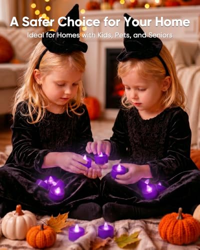 Image of Homemory 12-Pack Purple Remote Flameless Battery Tea Light Candles 400+ Hrs | 2 /4 /6 /8H Timer LED Flickering Tealight Votives for Party Ambience, Halloween Decor, Memorials and Lavender Weddings