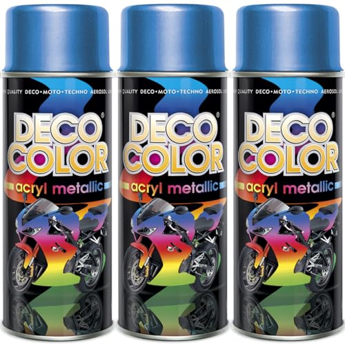 DECO COLOR 3er Sparpack Lackspray 400ml - Sprühlack mit Effekt für z.B. KFZ, Fahrrad (3 Dosen Lackspray Blau mit Metallic-Effekt)
