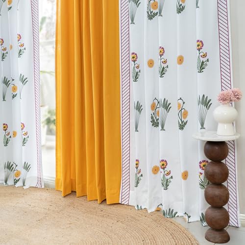 Image of Tranquebar Curtain Co. Window Curtains 5 Feet, 60-65% Room Darkening, Pink Ethnic Curtains Palms Print, Cotton Curtains for Window, Cotton Curtains 5 Feet Set of 3,BackTabs, Bagh Yellow combo (152 cm)