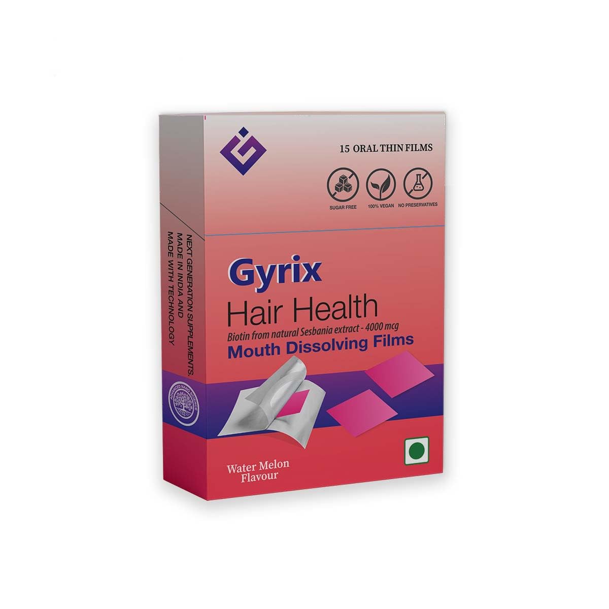 Gyrix Hair Health Mouth Dissolving Films/Strips (15 Oral Strips) | Biotin From Sesbania Grandiflora Natural Extract 4000mcg for Stronger Hair | Contains Folic Acid, Zinc & Multivitamins