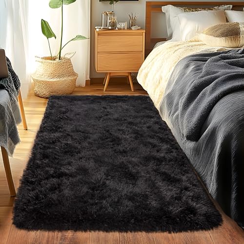 Black Runner Rug for Bedroom Hallways, 2x6 Fluffy Throw Area Rugs Non Slip for Bedside Dorm, Long Soft Shag Carpet for Nursery Living Room