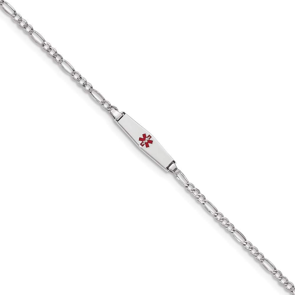 Engravable Personalized Custom 14K White Gold Medical Semi-Solid Soft Diamond Shape Red Enamel Figaro ID Bracelet For Men or Women Length 7 inches Width 6 mm