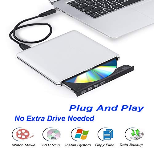 Xglysmyc USB 3.0 External Blu-ray CD DVD Drive,Portable Ultra-Thin 3D Blu-ray Player DVD+/-RW Burner Writer Reader for Laptop Notebook PC Desktops Support Windows XP/Vista/7/8/10, Mac OSX -Silver - Thumbnail 3