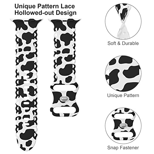 Image of Compatible with Apple Watch Band 41mm 40mm 38mm 49mm 45mm 44mm 42mm Women Girl, Cute Cow Print Lace Hollow-out Soft Silicone Sport Bands For iWatch Ultra SE Series 10 9 8 7 6 5 4 3 2, Cow-38