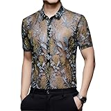 Yonititeee Mens See Through Mesh Sexy Summer Short Sleeve Shirts Black Chest 44 Inches