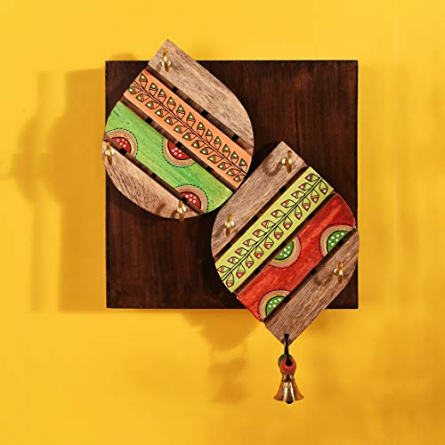 Image of AAKRITI ART CREATIONS Key Holder, Handcrafted Madhubani Design Key Hanger | Rustic Wood Wall Organizer with 4 Hooks | New Home Gifts | Multifunctional Entryway Decor Item