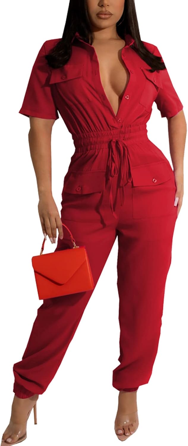 Women's Casual Long Sleeve Round Neck Jumpsuits Work Wide Leg Pants Club Party Loose Rompers