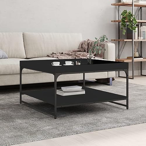 ZQQLVOO Mesa de Centro Madera de ingeniería y Hierro Negro Mesa de Centro con Estantes y Estructura de Metal para Sala de Estar 80x80x45 cm