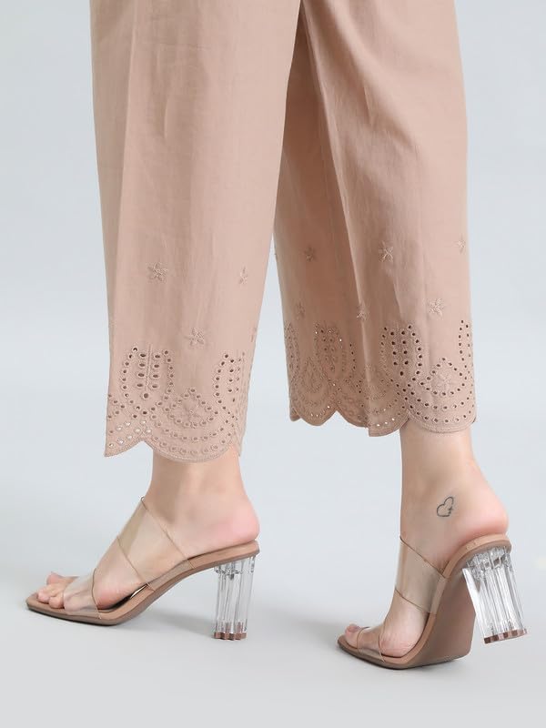 Image of GO COLORS Women's Cotton Hakoba Palazzo | Ankle Length, Schiffli Embroidery, Relaxed Fit, Mid-Rise with Side Pocket