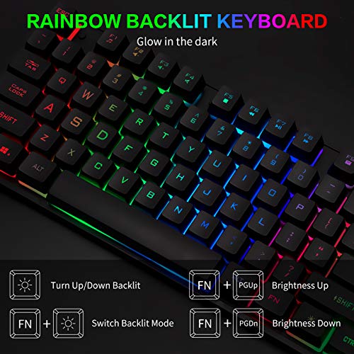 CHONCHOW Gaming Keyboard Mouse and Gaming Headset and Mouse Pad Combo, Rainbow LED Backlit USB Wired, All in 1 PC Gamer Bundle for PC, Tablet, Mobile Phones