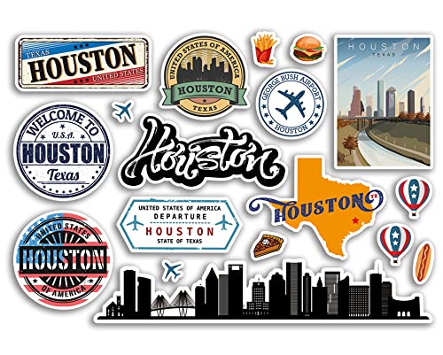 A5 Sticker Sheet Houston Landmarks Vinyl Stickers - Texas America States USA American Airport Stamps Skyline Flag Map Travel Holiday Scrapbooking City Luggage #79157