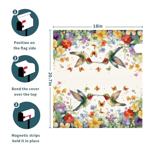 Image of Spring Summer Flowers Magnetic Mailbox Covers Standard Size 18x21 Inch Cute Hummingbirds Decorative Mailbox Cover Spring Holiday Post Letter Box Cover Wrap for House Garden Yard Outdoor Decoration