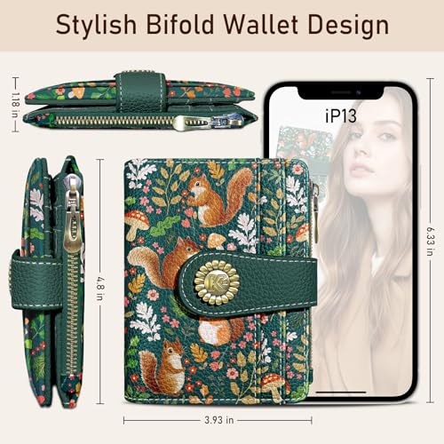 Image of Kelvoris Cute Squirrels Small Rfid Women Wallet Bifold Zipper Coin Pocket | PU Leather Compact Cash Credit Card Holder, Travel Purse for Female Ladies Teen Girls, 1 ID Window 10 Card Slots