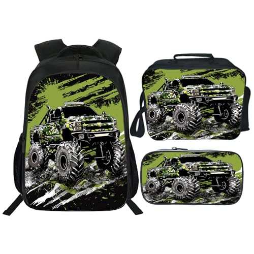 Camo Truck Backpack for Kids Girls Boys School Bag Cute Backpacks With Lunch Pack Pencil Case 3pcs Children Bookbag Set
