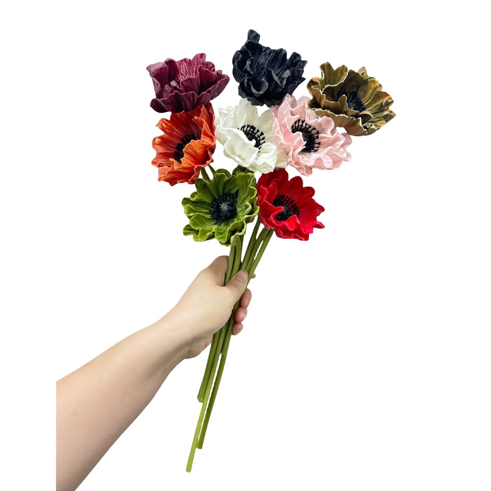 8 Stem 13" Artificial Flowers Poppy Flowers with Stems,Real Touch Anemone PU Fake Wild Flowers Bulk for Table Centerpiece Vase,Wedding Bouquets for