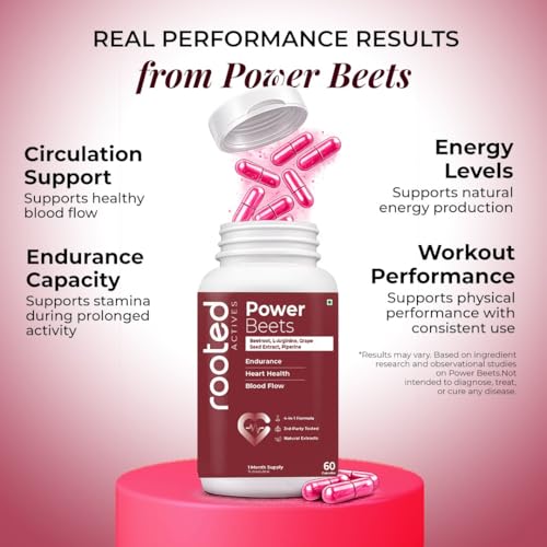 Image of Rooted Actives Power Beets Capsules | Boost Energy, Stamina & Blood Circulation | Nitric Oxide Support | With L-Arginine & Grape Seed | 60 Veg Caps