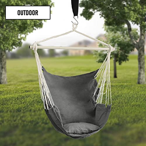 Dekool Hammock Chair Hanging Rope Swing, Detachable Steel Support Bar, Max 330 Lbs, Soft Durable Cotton Canvas, 1 Cushion And Hang Dark Grey Steel Spreader #TOP6
