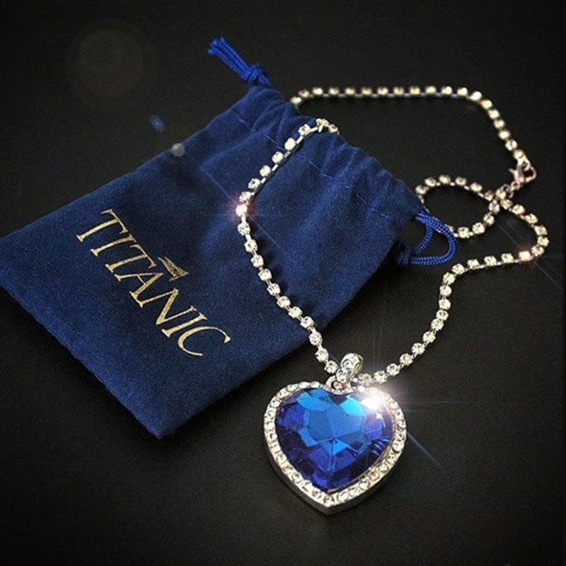 Razered Titanic Heart of the Ocean Necklace, Blue Heart Love Forever Pendant with Crystal, Rose Titanic Costume Jewelry for Women, Platinum Plated, 18 inch(45cm) Chain + Velvet Bag - Image 7