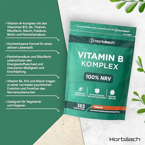 Vitamin B Komplex Hochdosiert | Alle 8 B-Vitamine: B1, B2, B3, B5, B6, B7, B9 und B12 | 1 Jahr Vorrat - 365 Vegane Tabletten | von Horbaach