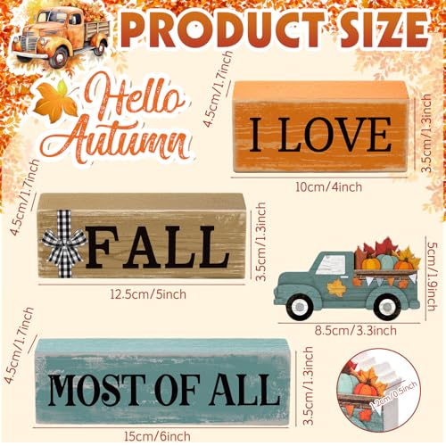 Image of 4 Pcs Thanksgiving Decoration for Home Fall Truck Decor Fall Tiered Tray Decor Rustic Wooden Truck Block Sign Gift Thanksgiving Centerpiece Autumn Table Decorations for Harvest Party Kitchen Home