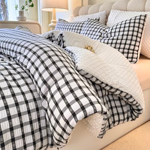 tohrisa Boho Comforter Set Queen Size - 3 Pieces Lightweight Jacquard Seersucker Bedding Sets (1 Soft Fluffy Grid Comforter & 2 Pillowcases) - All Seasons Cozy Modern Bed Set(90"x90" Black)