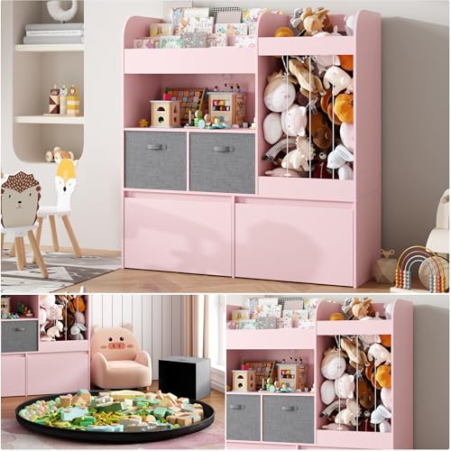 Image of 42.9'' Stuffed Animal Storage with Kids Bookshelf, Large Toy Storage with Toy Chest and Play Mat, Wooden Organization with 2 Movable Drawers, 3 Tier Bookshelf for Nursery Kids Room Playroom,Pink