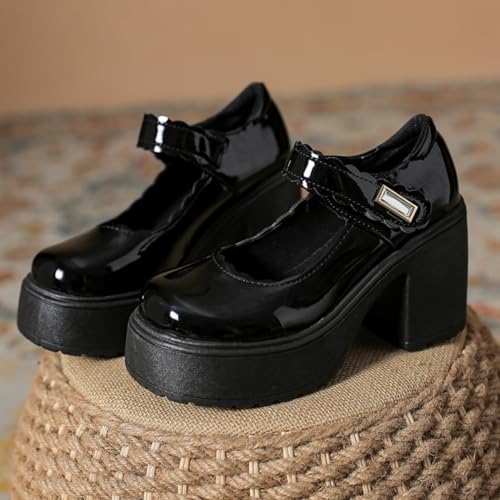 Image of Women's Platform Mary Janes Heart Cat Buckle Rivets Ankle Lolita Gothic Princess Platform Pumps Patent Leather Thorn Vintage Traditional Embroidery Upper Dress Shoes