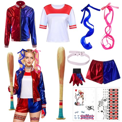 MUNKST Quinn Disfraz de cosplay para adultos, disfraz de Formemory Quinn para mujer, disfraz de villano suicida con chaqueta, camiseta, pantalones cortos y guantes para Halloween y carnaval