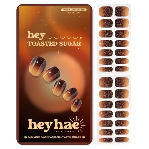 Heyhae Semi Cured Gel Nail Strips - Hey, Toasted Sugar | Brown Ombre | Sun Cured No UV Light Needed, Salon Quality, Easy Apply & Remove | 28 Strips, Prep Pad, Nail File, Wooden Stick