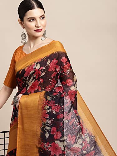 Image of AKHILAM Women's Printed Linen Zari Saree With Unstitched Blouse Piece (FF0BGBLT80001 Parent)