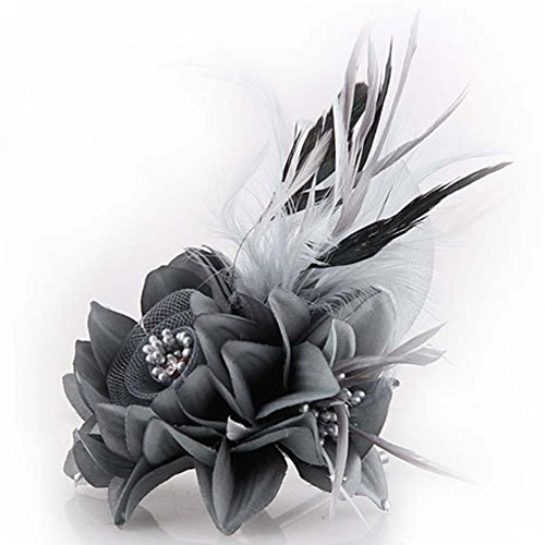 Women's Fascinator Feather Flower Hair Clip Pin Brooch Corsage Bridal Hairband Derby Hat Cocktail Party Wedding Gray #TOP3